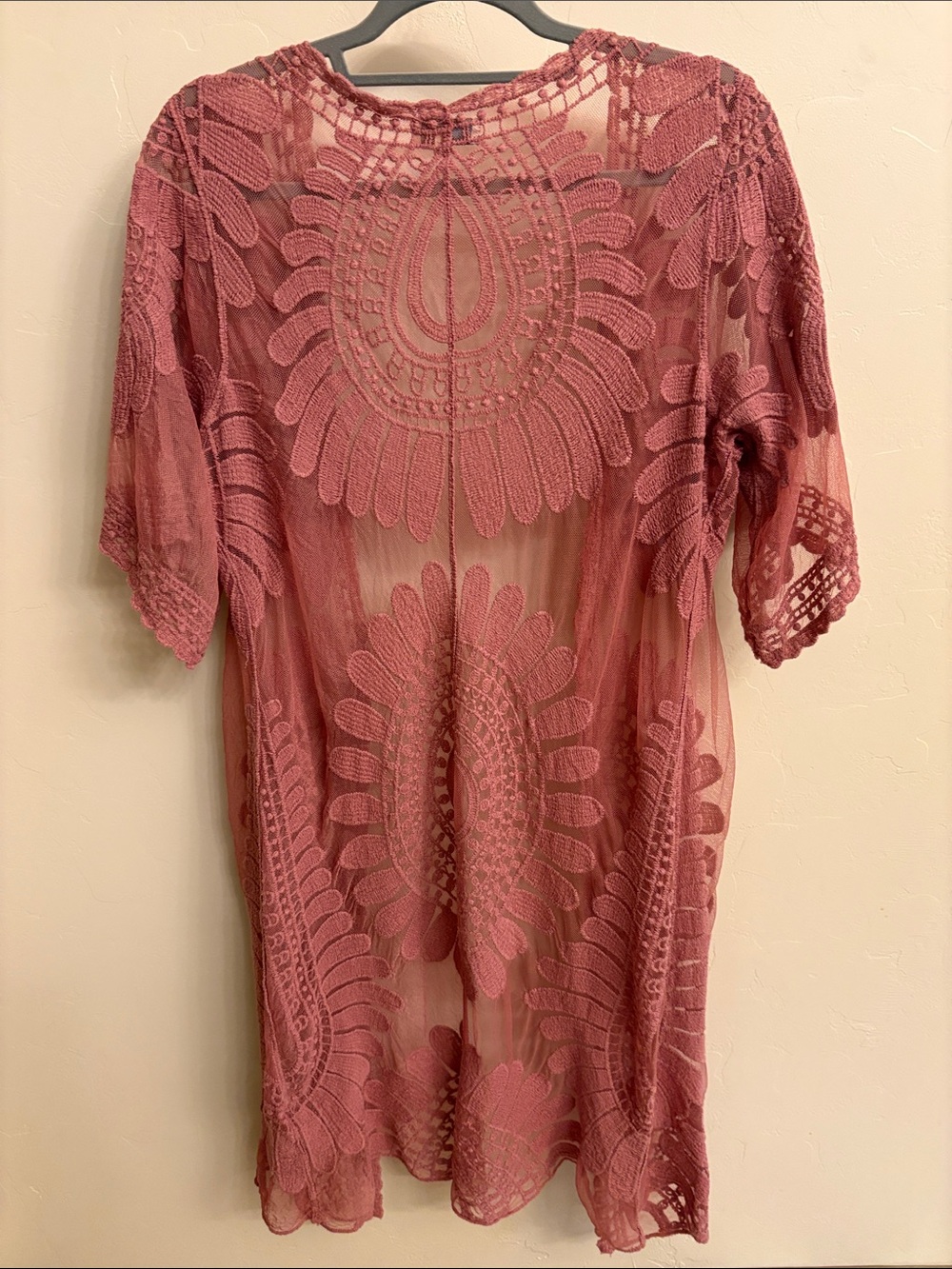 Rebellion Mauve Pink Sheer Mesh Lace Kimono Duster Cardigan Boho Large